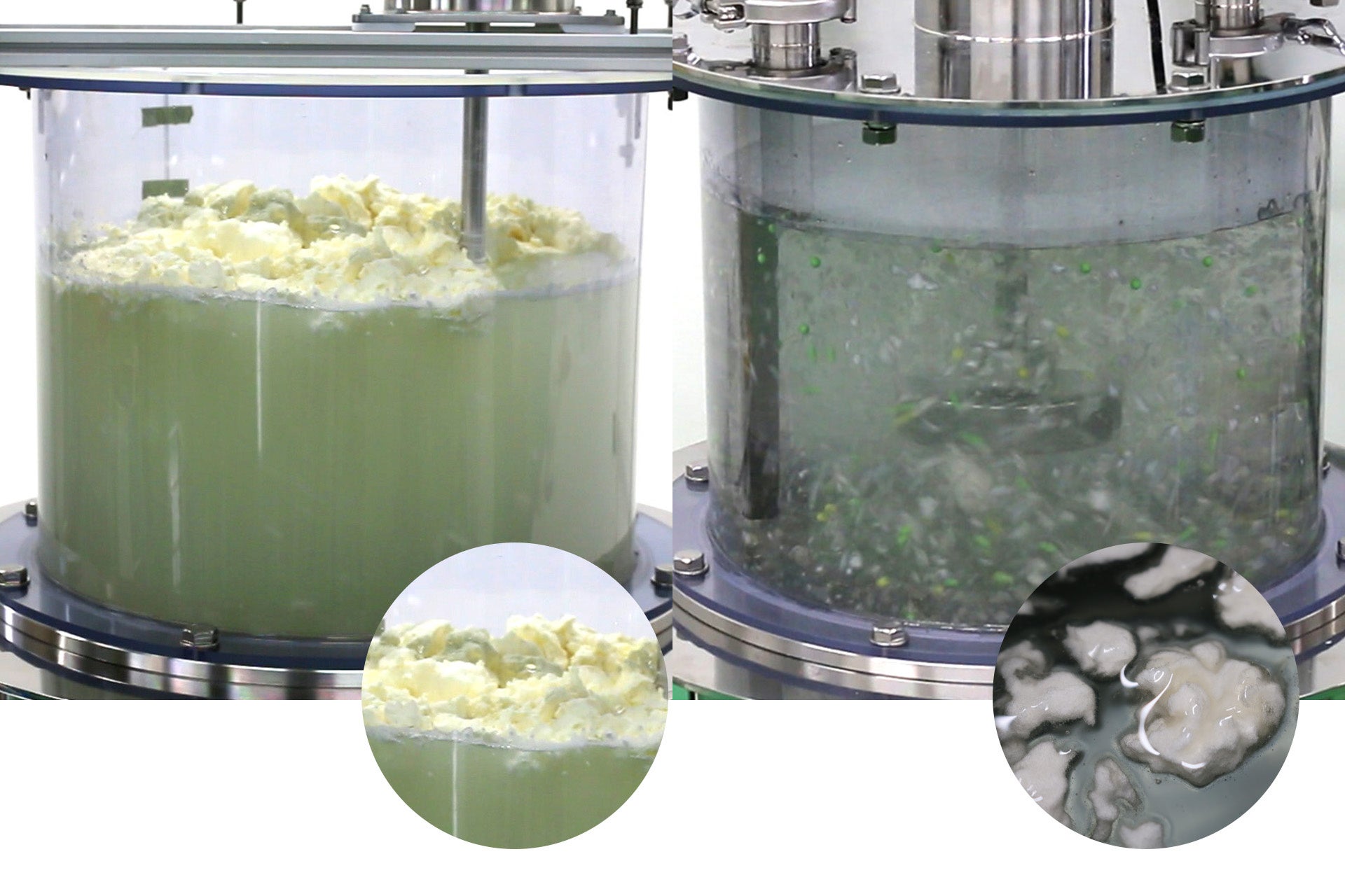 （←）比重が軽く液面に浮いてしまう粉（→）液体へ投入した瞬間に外側がゲル化しダマになる粉