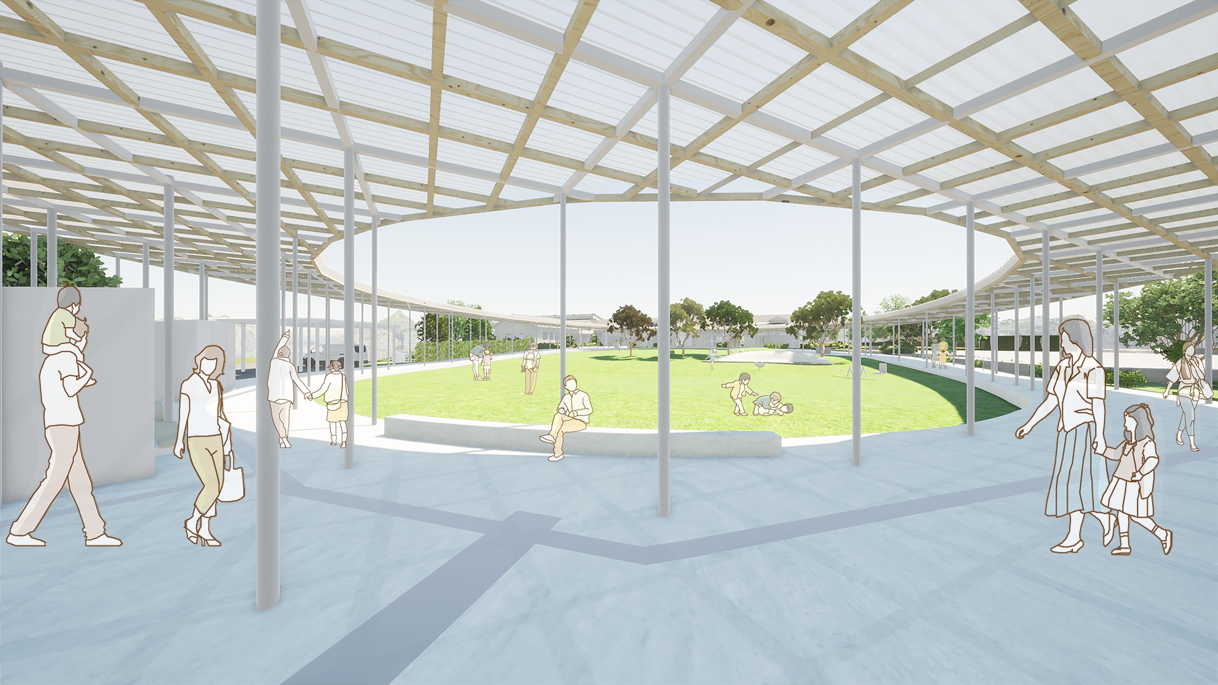 敷地全体を大きく囲む屋根付きの歩道「わっか」