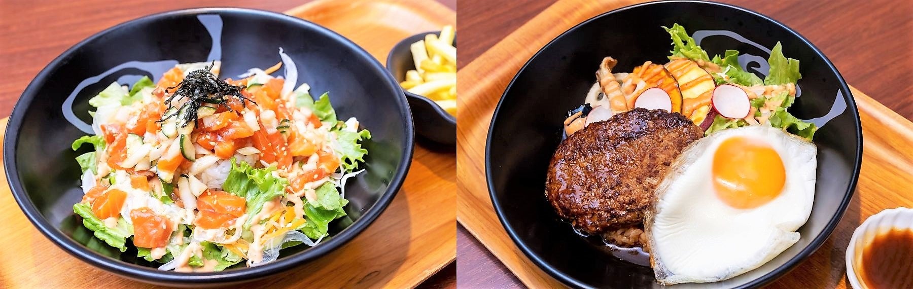 たっぷりサーモンのポキ丼「Salmon Poke bowl」と特製グレイビーソースのロコモコ丼「Loco Moco DON」