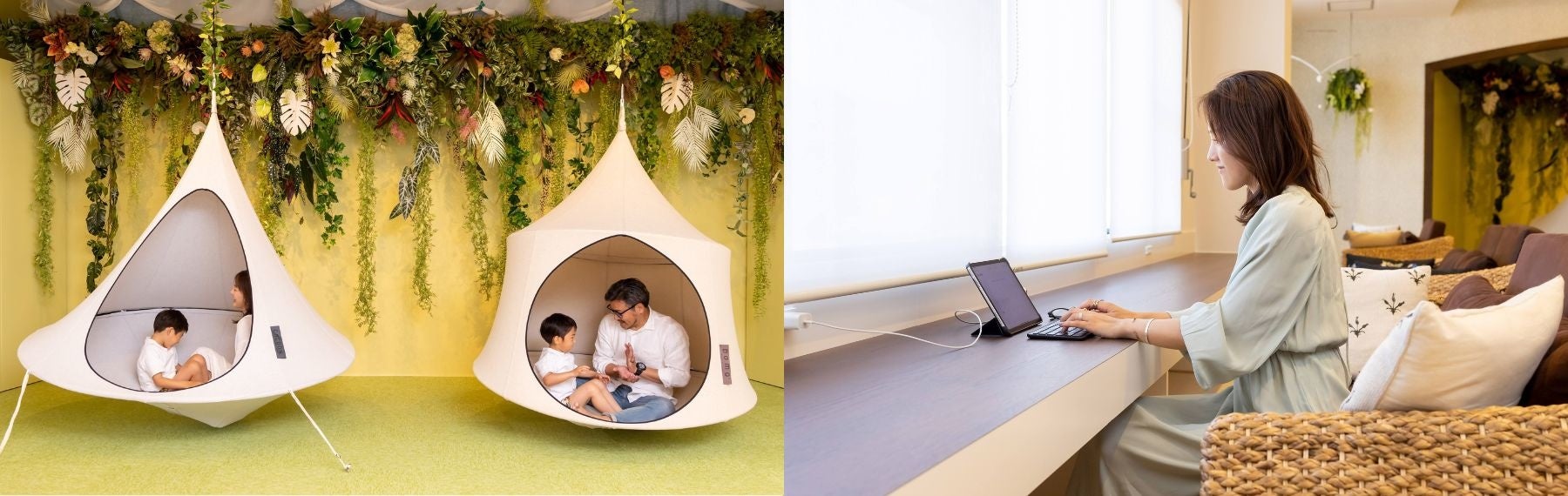 アーティフィシャルフラワーを装飾した「グリーンスペース」とワーケーションとして利用できる「砂浜スペース」