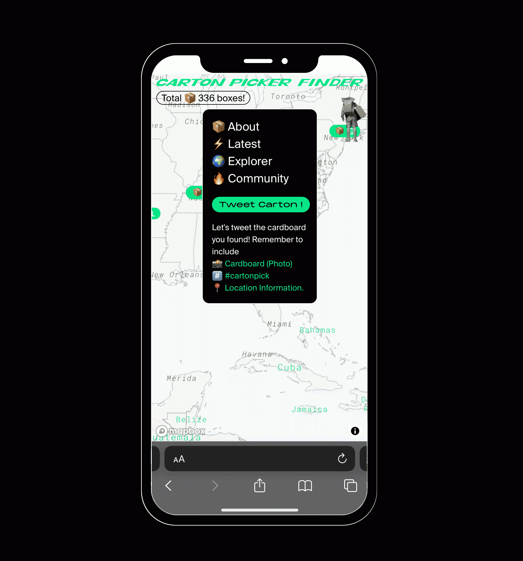 サイト上では投稿した段ボールを世界地図に表示できる他、フィルターやホットスポットを紹介する機能、コミュニティーページもある