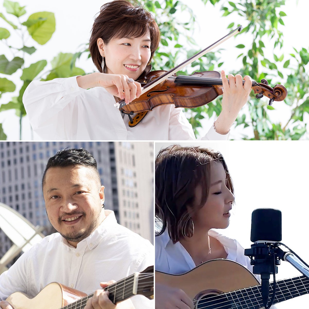 写真上：真衣子、写真左下：マルセロ木村、写真右下：高橋ちか