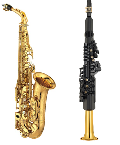 写真左：ヤマハ カスタムアルトサクソフォン「YAS-875EX」、同右：ヤマハ デジタルサックス「YDS-150」