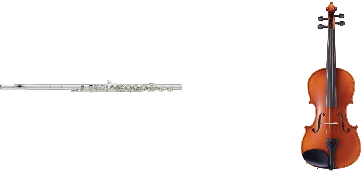 写真左：ヤマハ フルート Finesse「YFL-517」、同右：ヤマハ バイオリン Braviol「V7SG」
