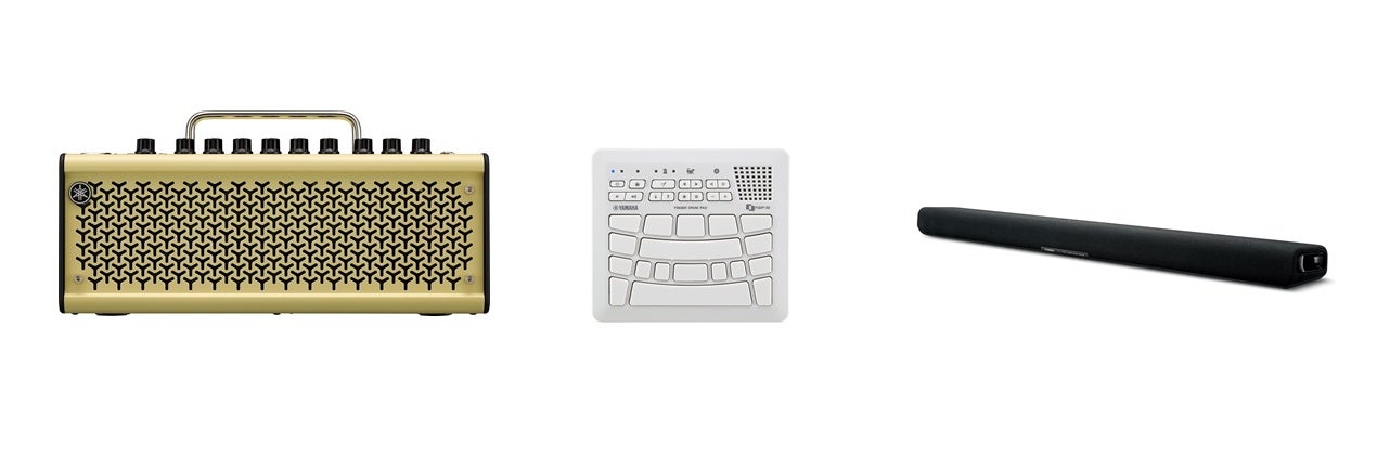 写真左から、ヤマハ ギターアンプ「THR10II」、ヤマハ フィンガードラムパッド「FGDP-30」、ヤマハ  サウンドバー「SR-B30A」