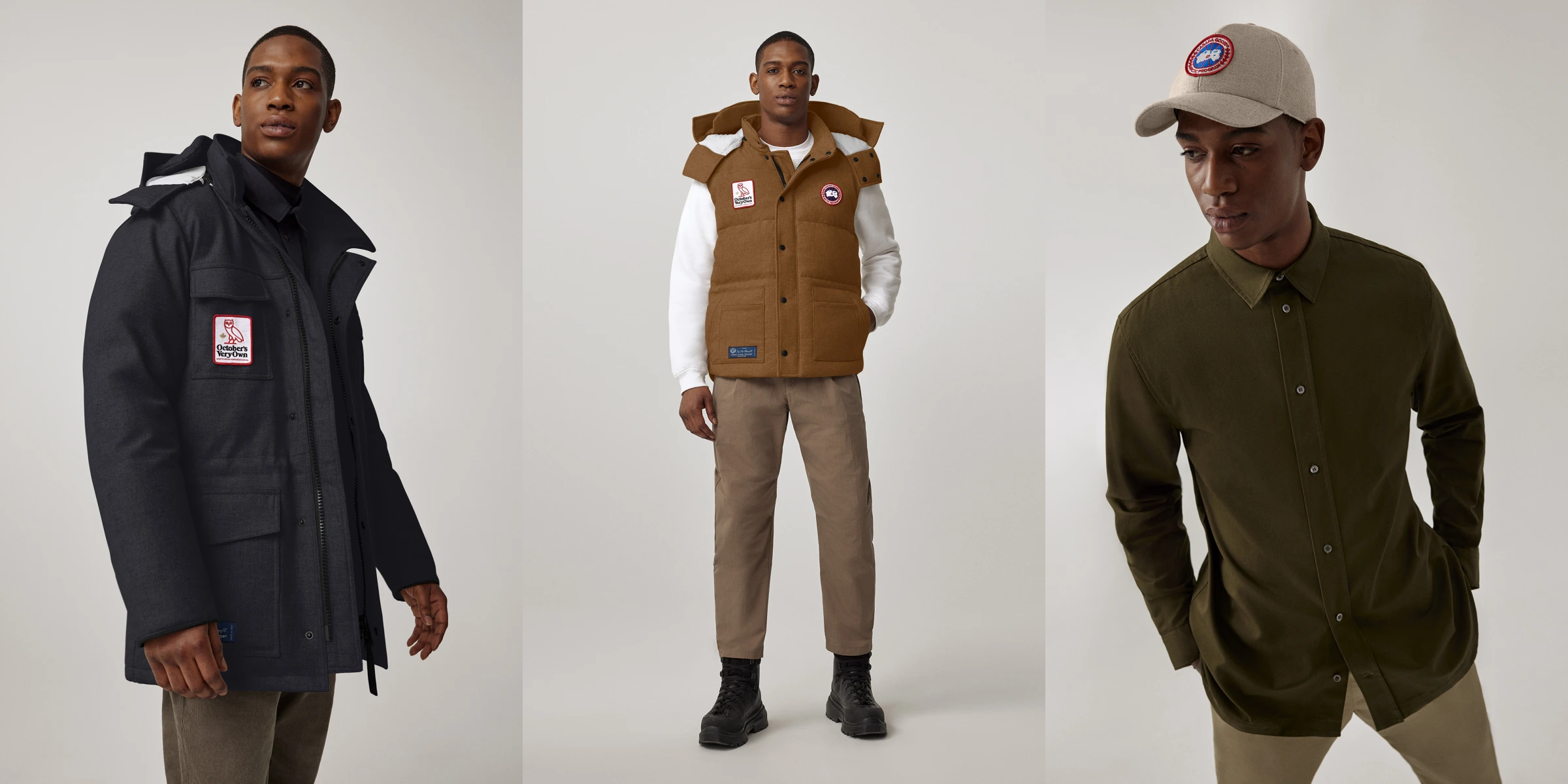 【左から：BANFF PARKA FOR OVO®（¥171,600）, HOODED FREESTYLE CREW VEST FOR OVO®（¥125,400）, WOOL CAP FOR OVO®（¥27,500）】