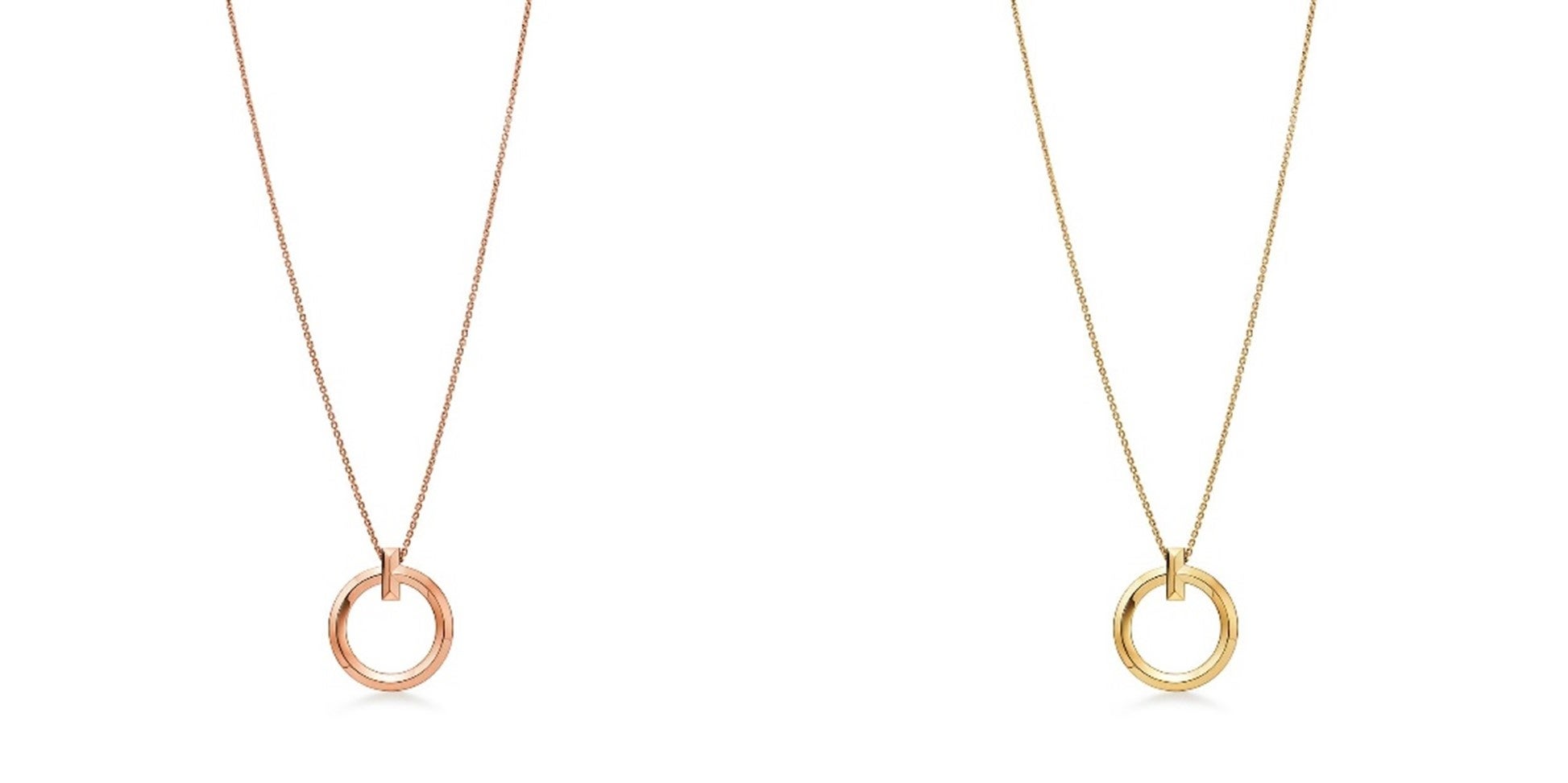 ティファニー T ワン  サークル  ペンダント 左からローズゴールド、イエローゴールド 各918,500円(税込)