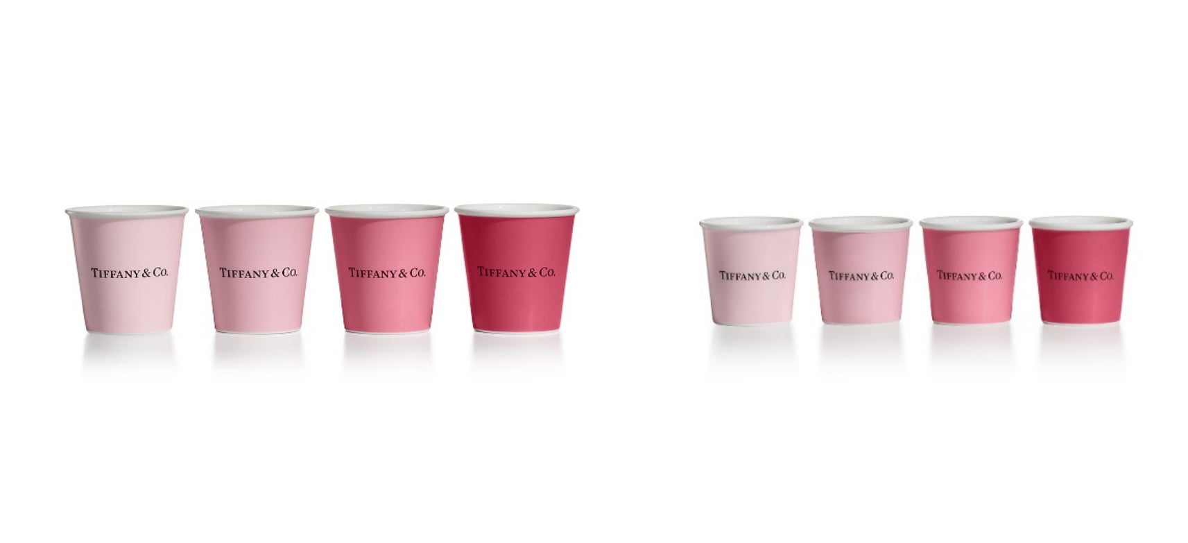 (左から)ティファニー コーヒー カップ ピンク(4個セット)約 9.4cm×8.9cm  ¥51,700-税込 ティファニー エスプレッソ カップ ピンク(4個セット)約 5.8cm×6.1cm  ¥30,250-税込