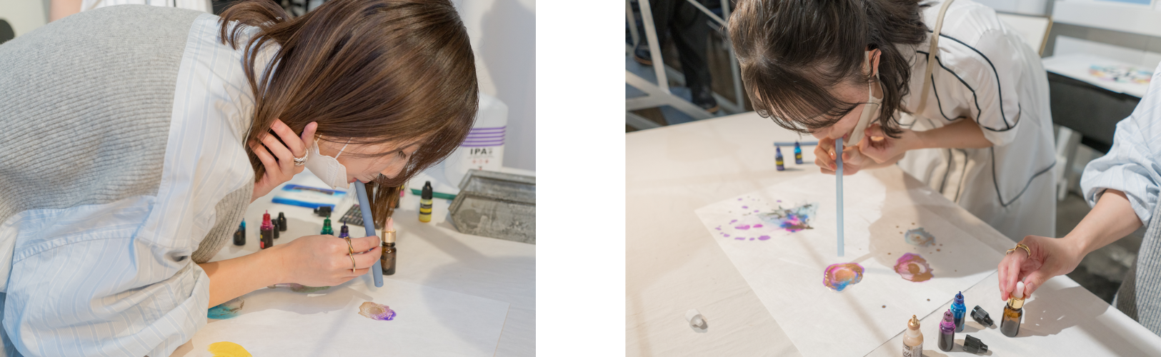 丁寧に吹き付けてデザインをしていく山内あいなと初挑戦する今村美月