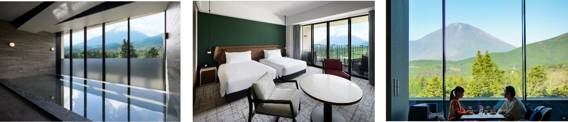 （左）富士大御神温泉　（中）富士山ビューの客室　（右）富士山の絶景を誇るレストラン