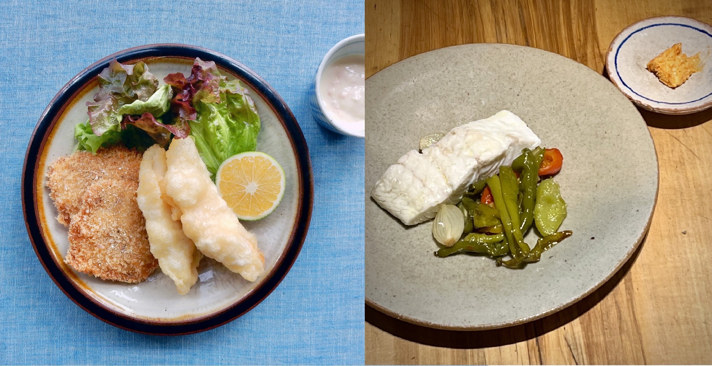 d47食堂の「東京湾ミックスフライ」（左）、The Blind Donkeyの「東京湾のスズキ　ローストペパーとハバネロバター添え」（右）