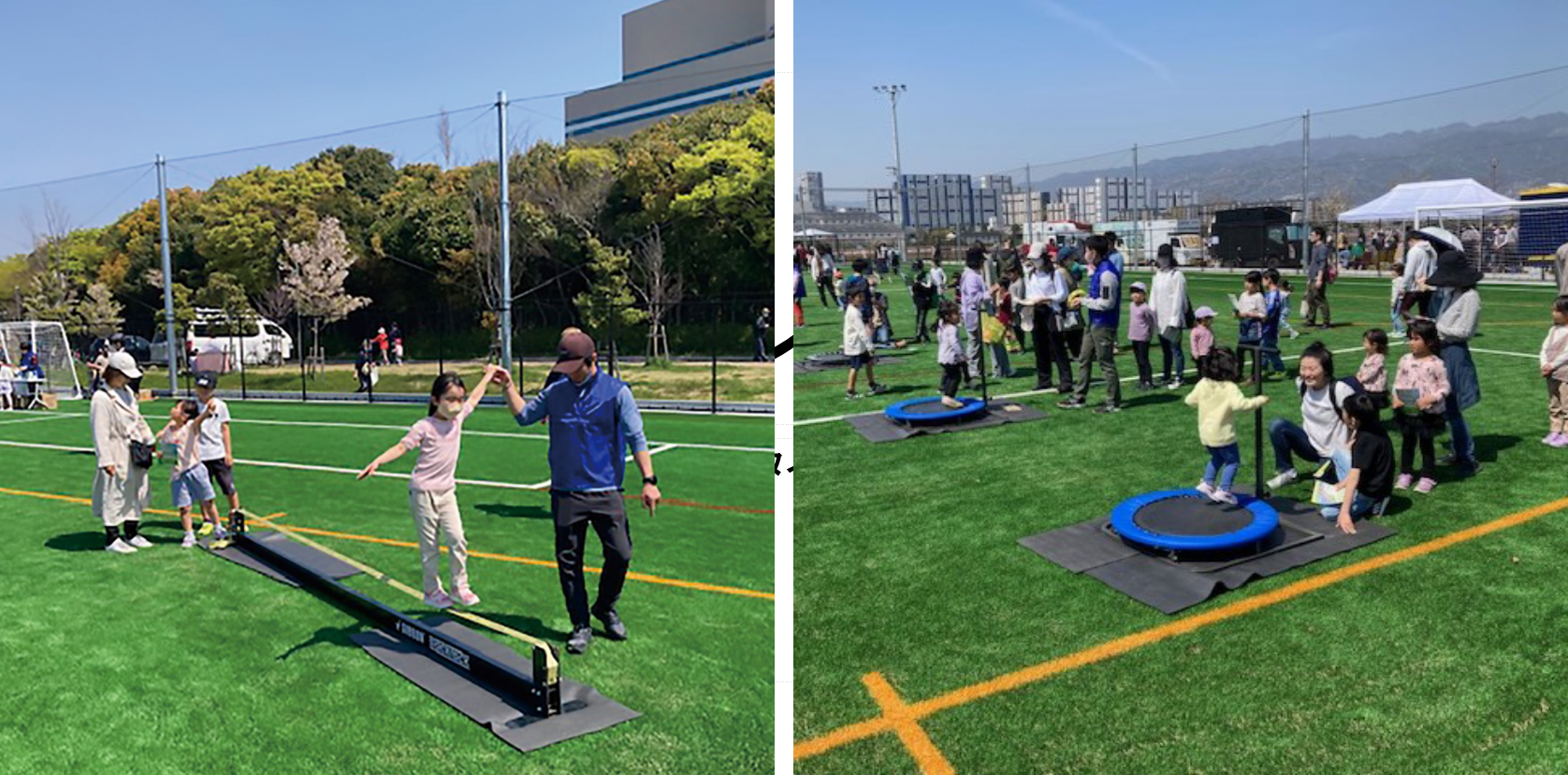 左：スラックライン　　　　右：トランポリン