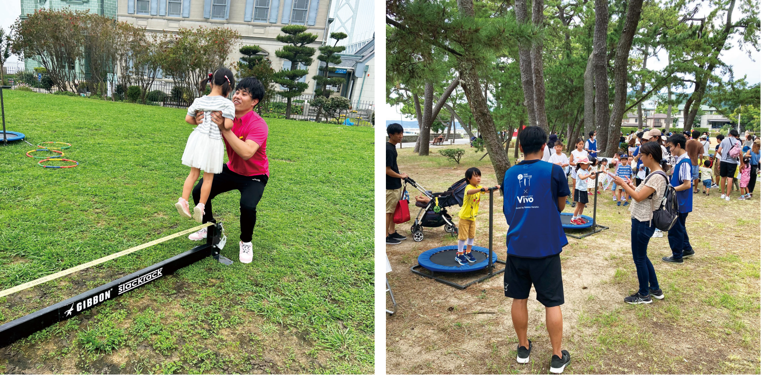 左：スラックライン　　　　右：トランポリン