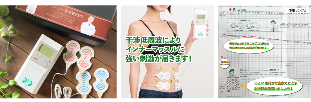 左・中央：家庭用EMS　右：チェックシート