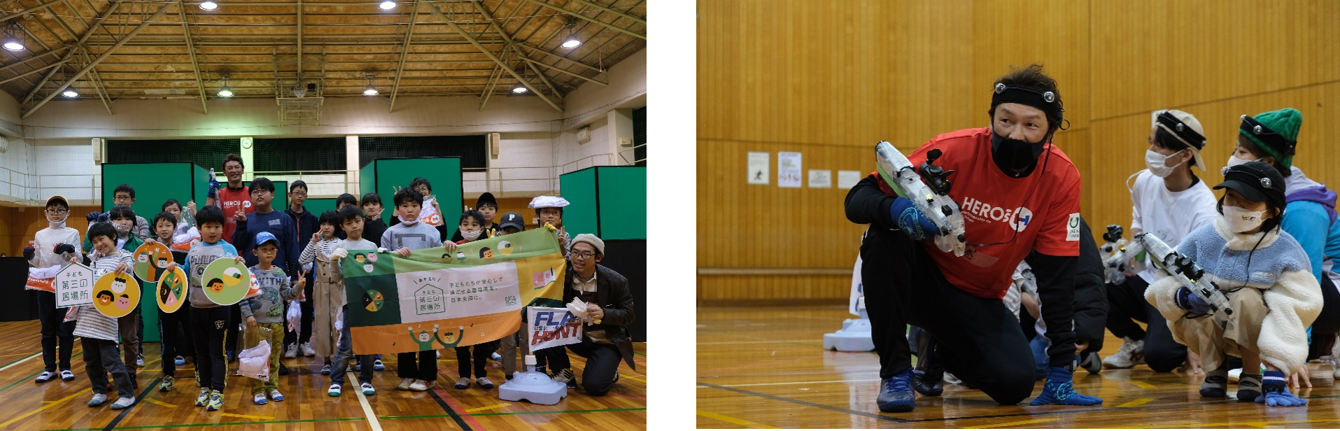 【写真左】集合写真【写真右】ゲーム開始前の巻さんチーム