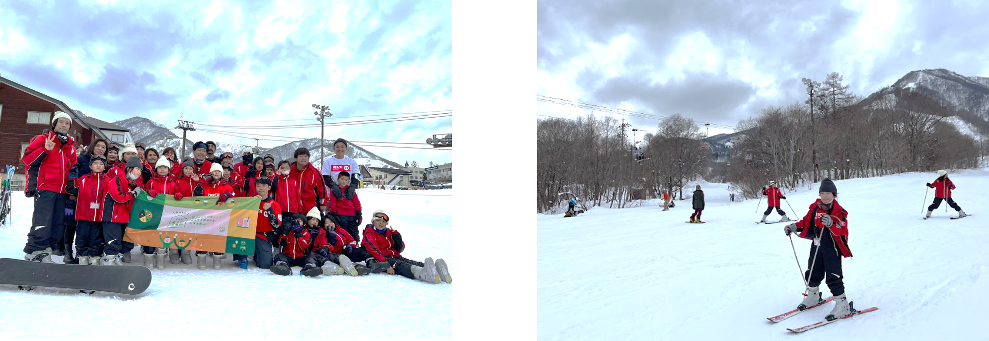 （左）集合写真、（右）スキー体験
