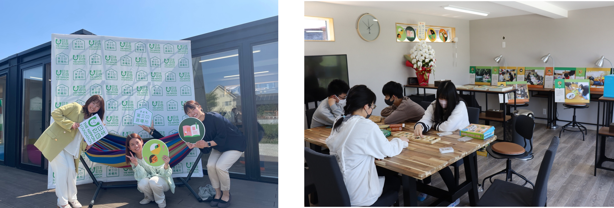 （写真左）新設の建物前にて。（写真右）学習部屋（学習以外でも利用） で子どもたちが思い思い過ごしている様子