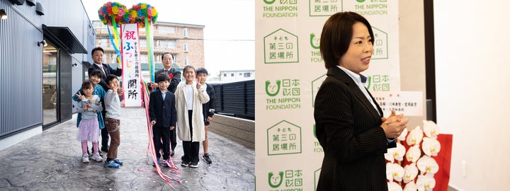（写真左）子どもたちとの記念撮影の様子　（写真右）副理事長による挨拶