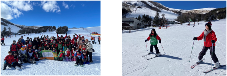 左)集合写真　右)スキー体験の様子