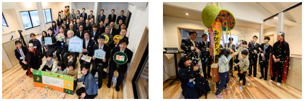 (左)集合写真、(右)くす玉わりのセレモニーの様子