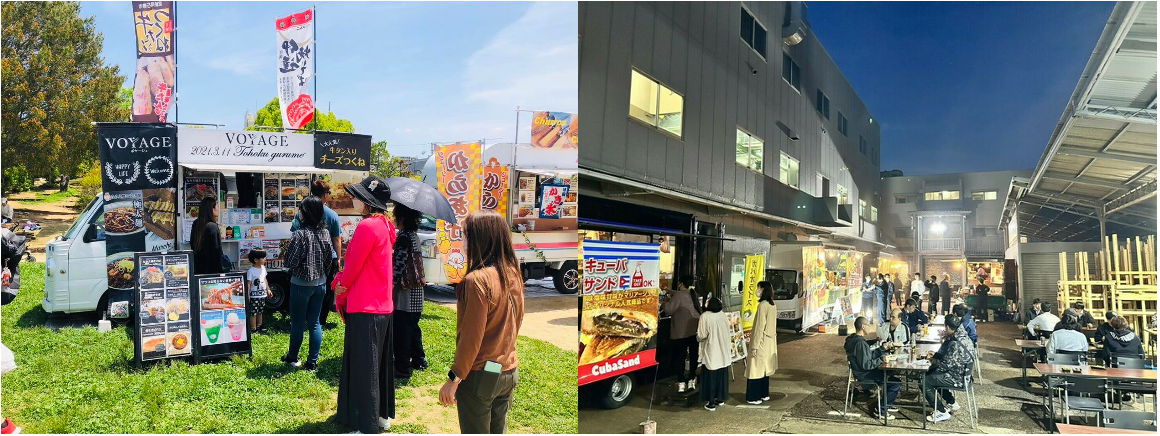 モビマル共催の「日本の食まつり」の様子（左）と企業の社内懇親会の様子（右）