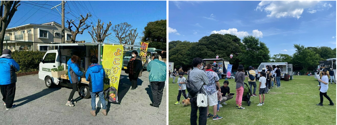 自治体との取り組みの様子（左）とモビマル主催イベント「愛知こどもの国キッチンカーグルメ万博」の様子