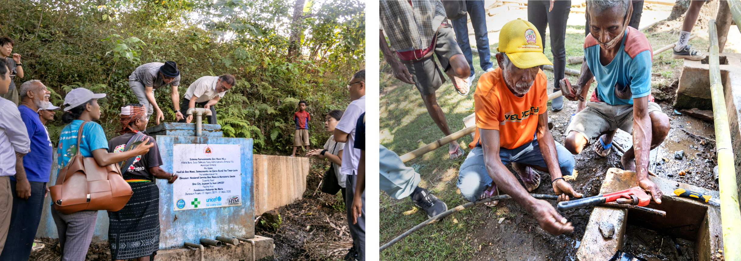 タリモロ村水源池調査、村人への修理方法の指導の様子