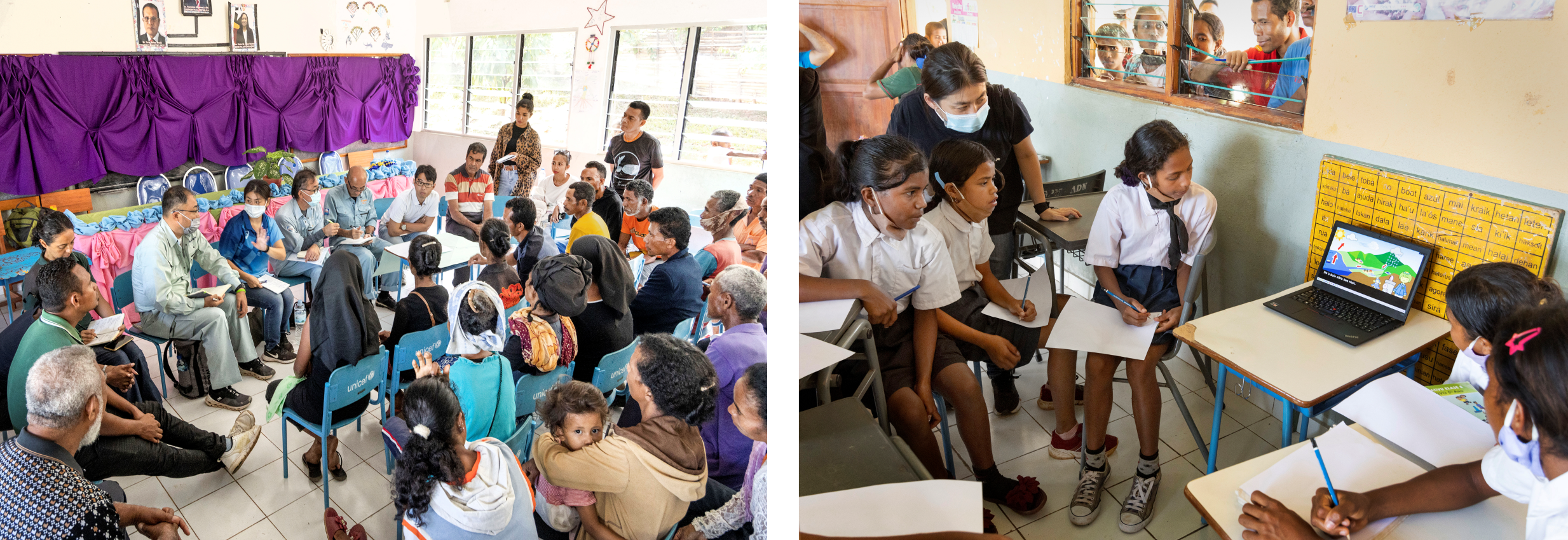 村の水管理委員会との意見交換、「水環境」の授業風景