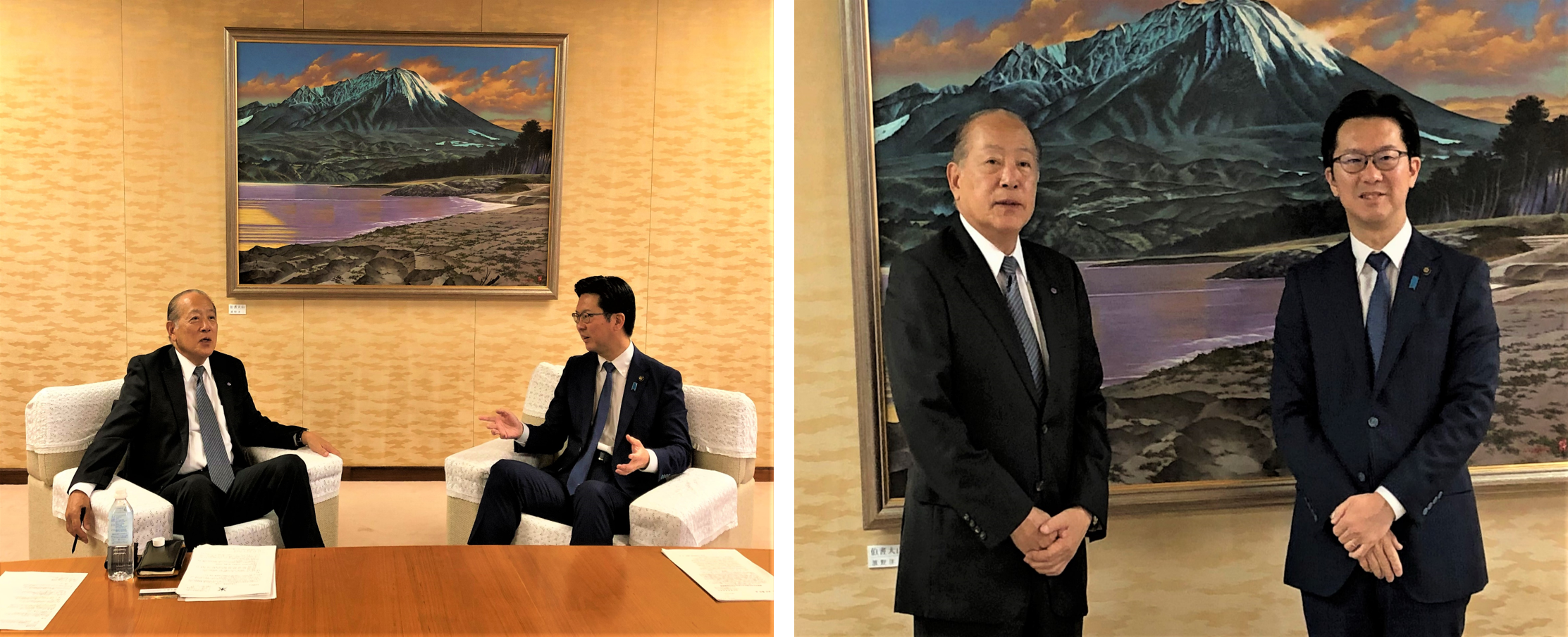 6月１日(木)午後 記念撮影と会談の様子(左：当社代表取締役 長谷川、右：伊木市長)