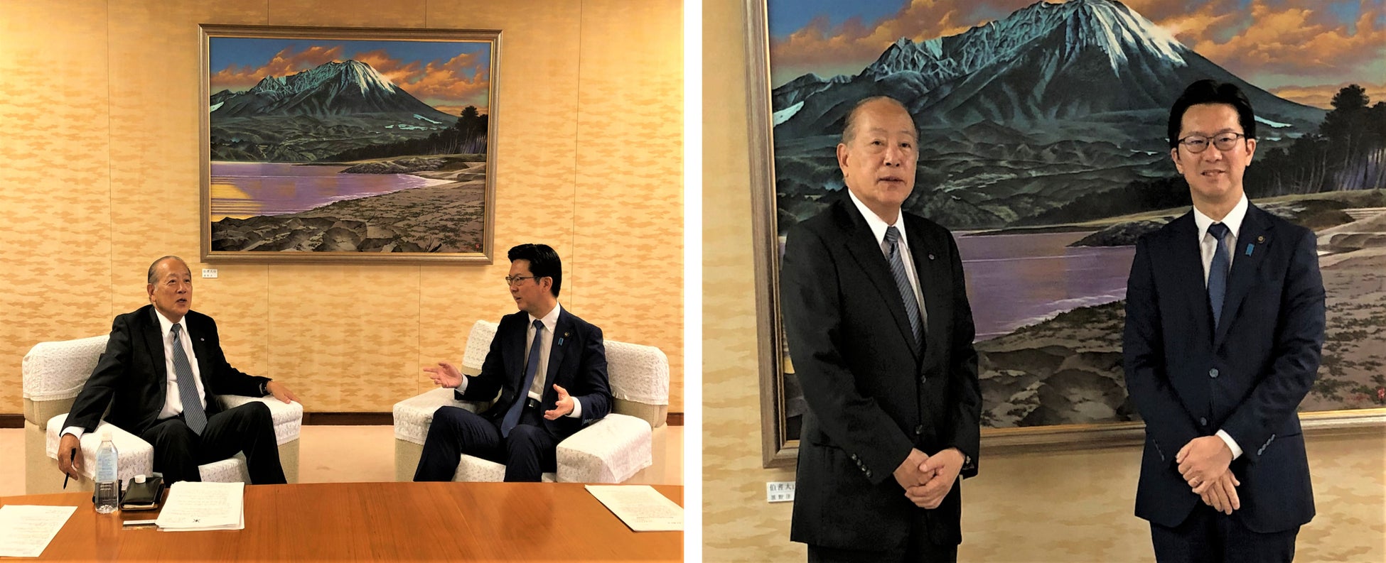 6月1日(木)午後 記念撮影と会談の様子(左:当社代表取締役 長谷川、右:伊木市長)
