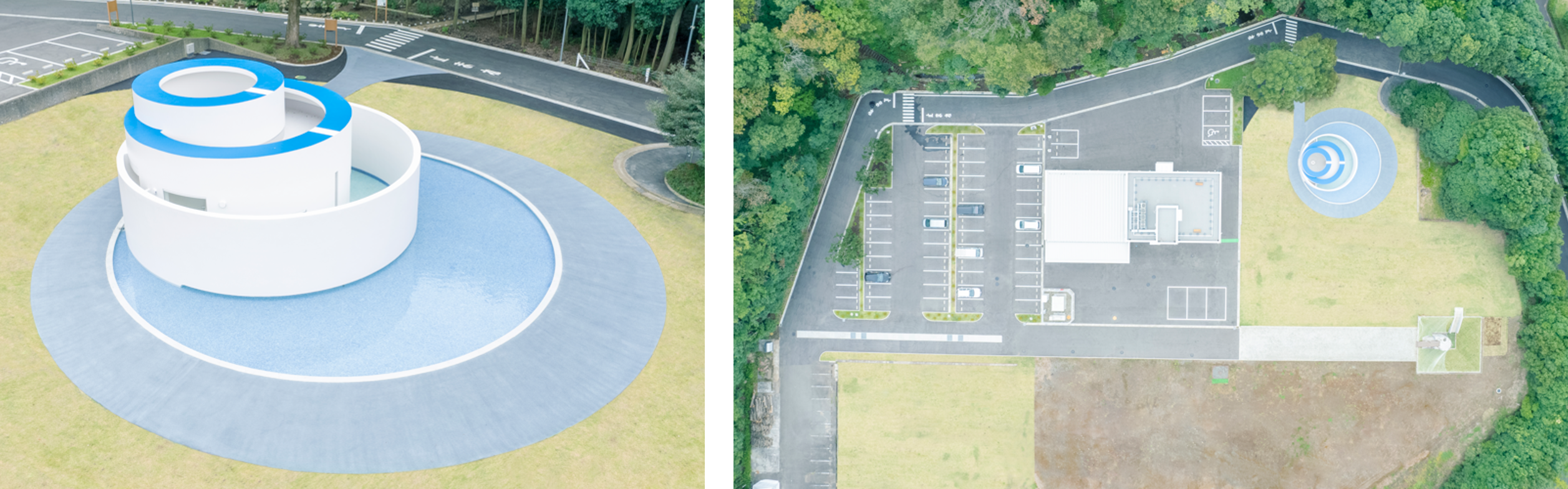 水まもりトイレ全観(屋根には当社ロゴ：Kマーク)  　　                 施設全観 ※今後三期工事を予定(写真中央より下のエリア)