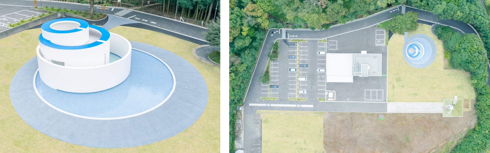 水まもりトイレ全観(屋根には当社ロゴ:Kマーク)                     施設全観 ※今後三期工事を予定(写真中央より下のエリア)