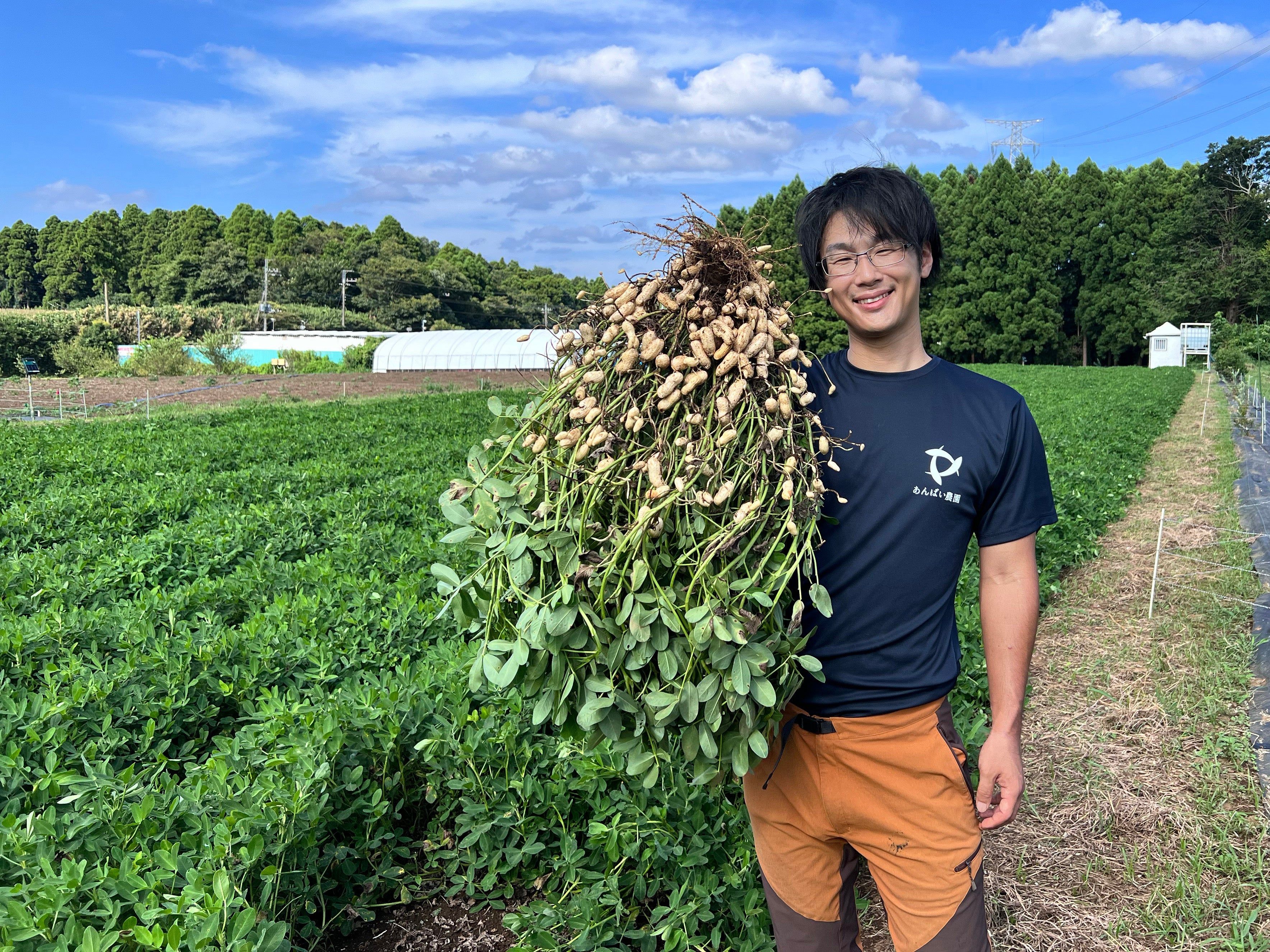 収穫した落花生を手に