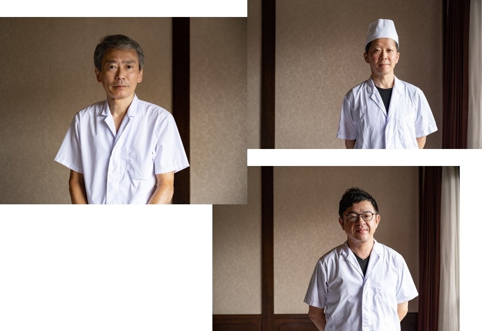 右上：名鉄菜館料理長　青柳信広、左：WUMEI料理長　髙橋利彦、右下：同店　髙橋芳宏