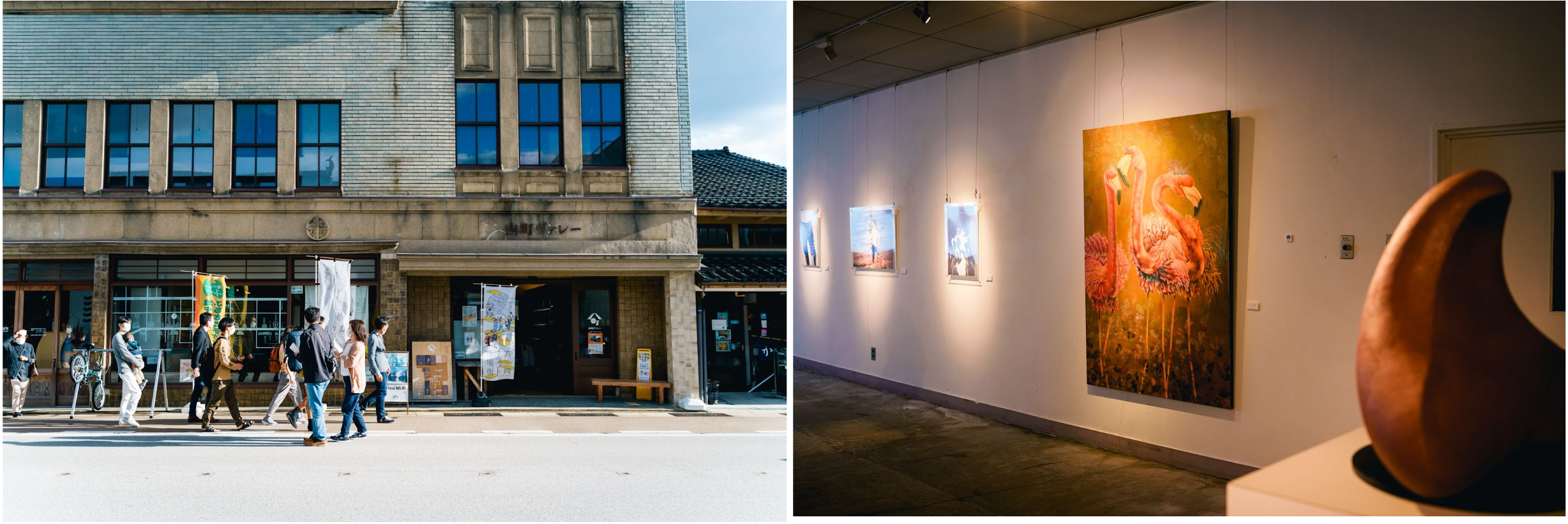 ▶︎(左)メイン拠点となる山町筋エリアの様子 、(右) アート作品の展示会