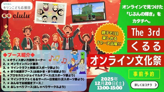 【オンラインフリースクールclulu】12月20日(土) 第3回オンライン文化祭を開催 不登校の子どもたち 活動の集大成を8ブースで展示! 【オンラインフリースクールclulu】12月20日(土) 第3回オンライン文化祭を開催 不登校の子どもたち 活動の集大成を8ブースで展示!