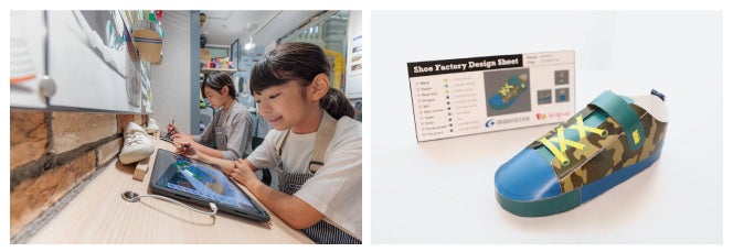 左：キッザニア福岡『くつ工場』パビリオンでの『くつデザイナー』体験の様子 右：デザインシート（色指定部分）と組み立てたシューズのペーパークラフト