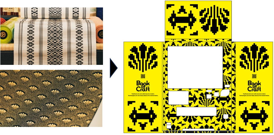 博多織の献上柄（写真左上）と華扇柄（写真左下）。右はMasatoo Hirano氏によるリ・デザイン