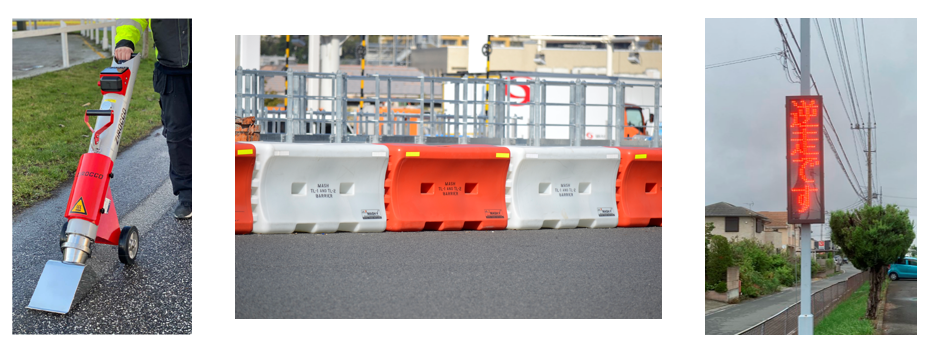 　　　　　　　　左：ロードドライヤー、中央：ウォーター・ケーブル・バリアー、右：逆走警告表示板