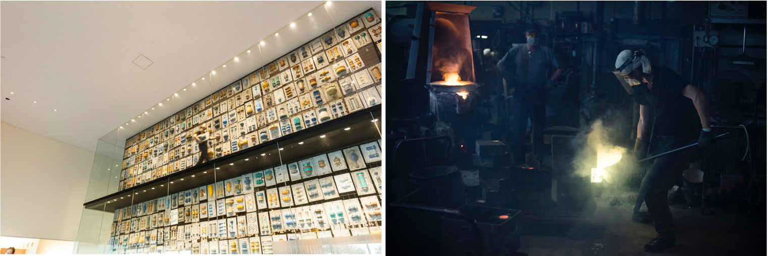 左：株式会社能作の新社屋　右：鋳造の様子