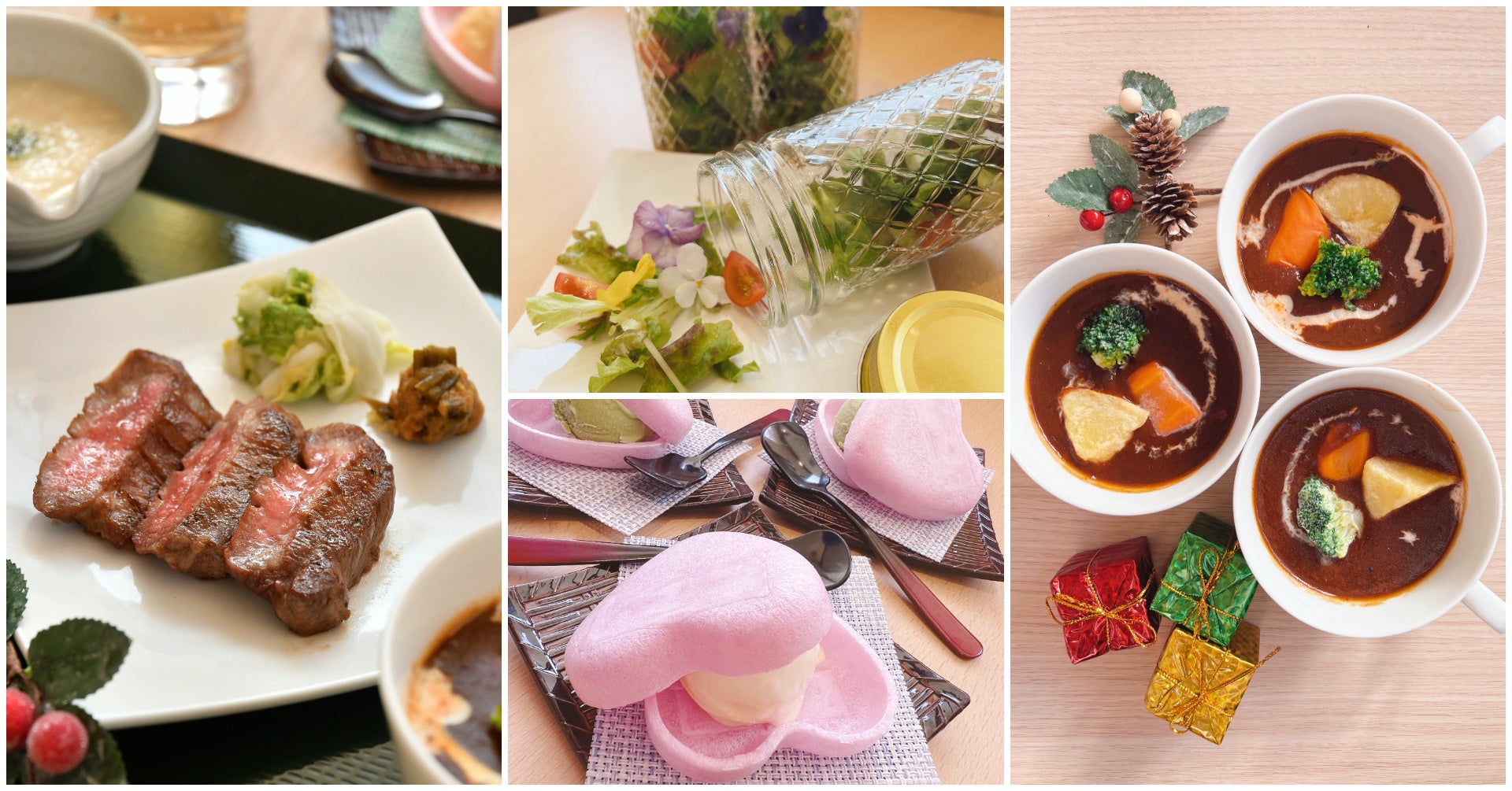 左：厚切り牛たん、中央上：サラダ(エディブルフラワー入り)、 中央下：ときめきモナカアイス、右：タンシチュー