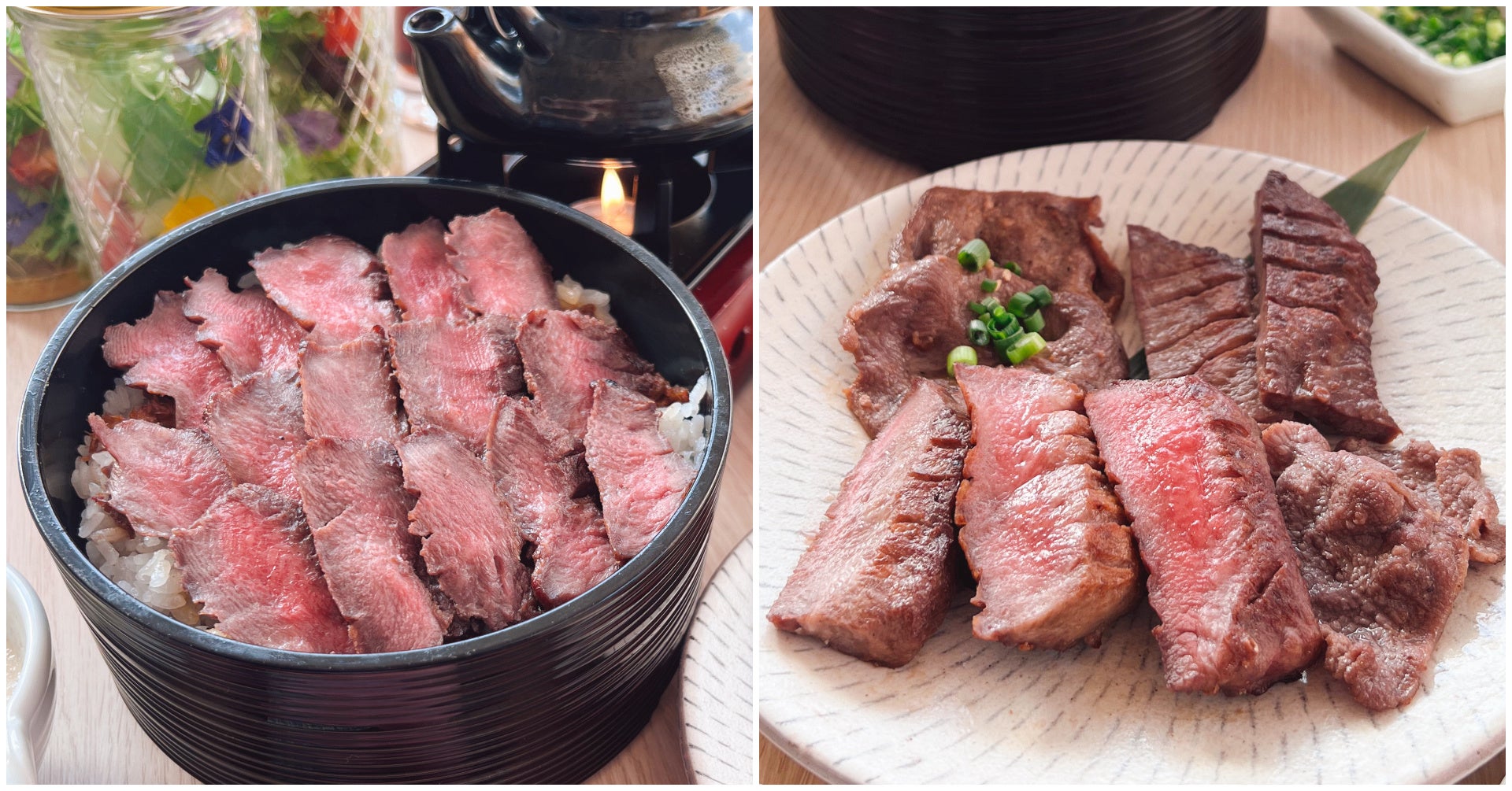 左:牛たんひつまぶし、右:牛たん4種盛