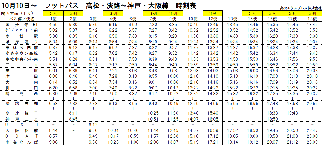 高速バス【フットバス】高松・淡路－神戸・大阪線 3列独立シートを