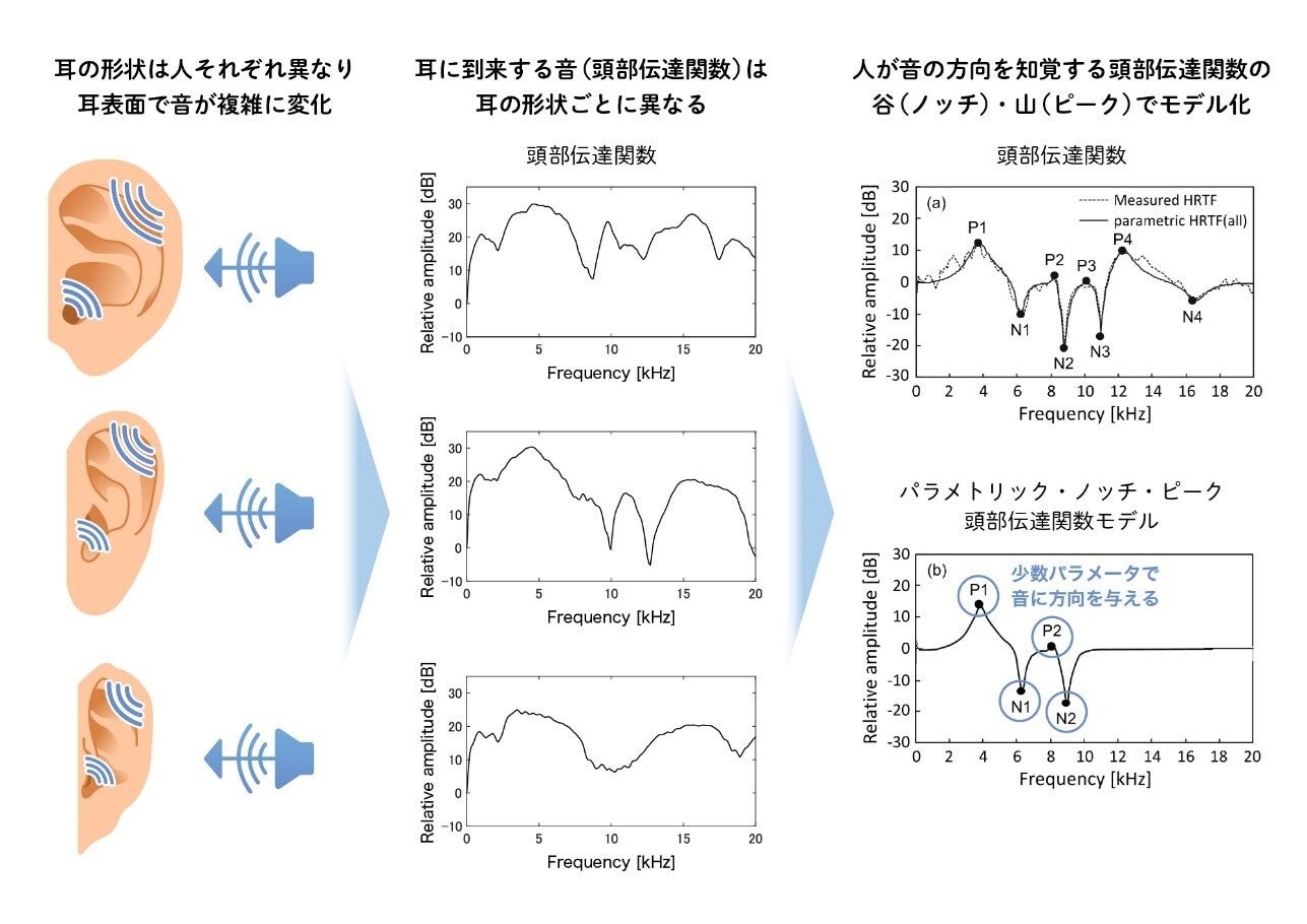 図3.耳の形によって異なる頭部伝達関数を少数のパラメータで表現可能なパラメトリック・ノッチ・ピーク 頭部伝達関数モデル