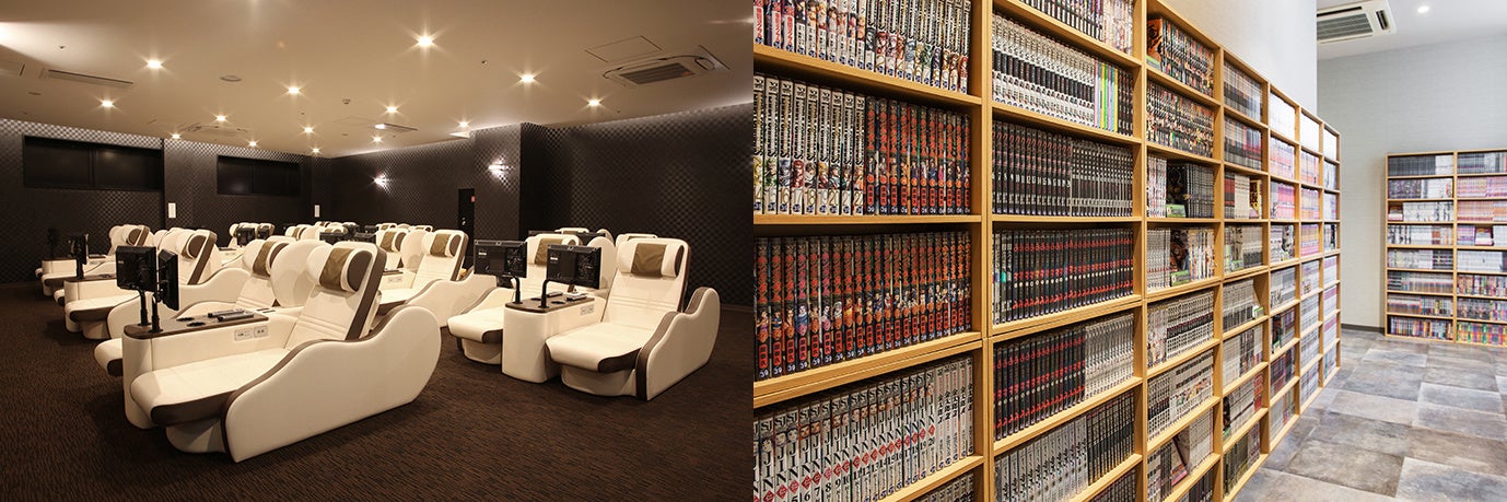 （写真左）プレミアムラウンジ　　（写真右）10,000冊を超えるマンガ