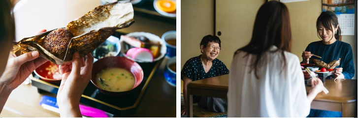 お話し好きな持田醤油店のお母さんがおもてなし。焼きおにぎりやしじみ汁など家庭的な朝食をご用意