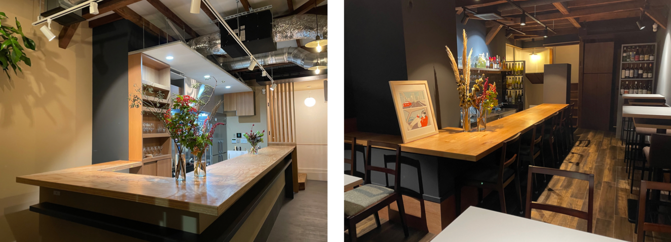 左)1階カウンター　右)2階のローカウンターとテーブル席