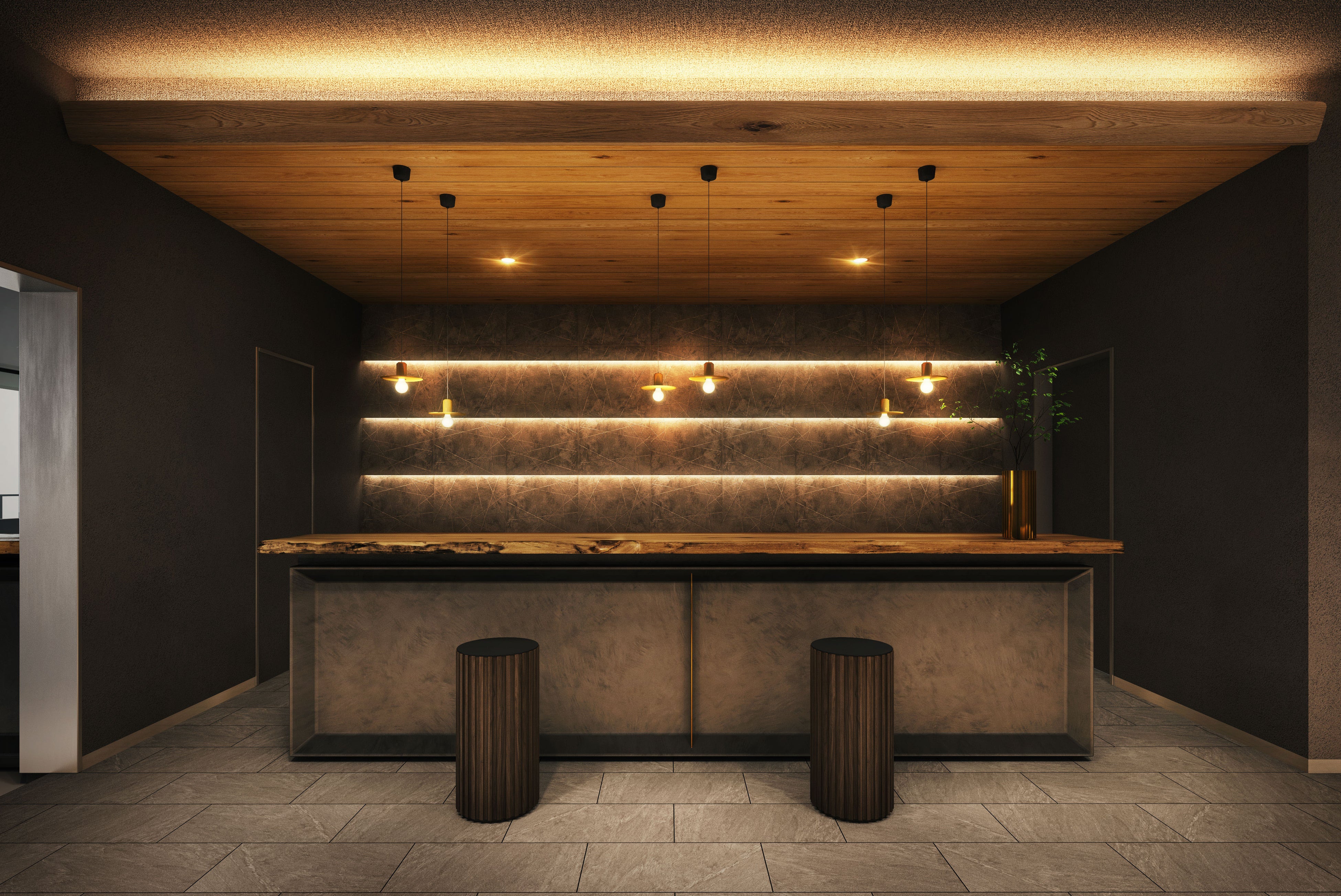 地元の天然素材をふんだんに活かしたフロントは シンプルなインテリアでより自然を感じる心地よい空間