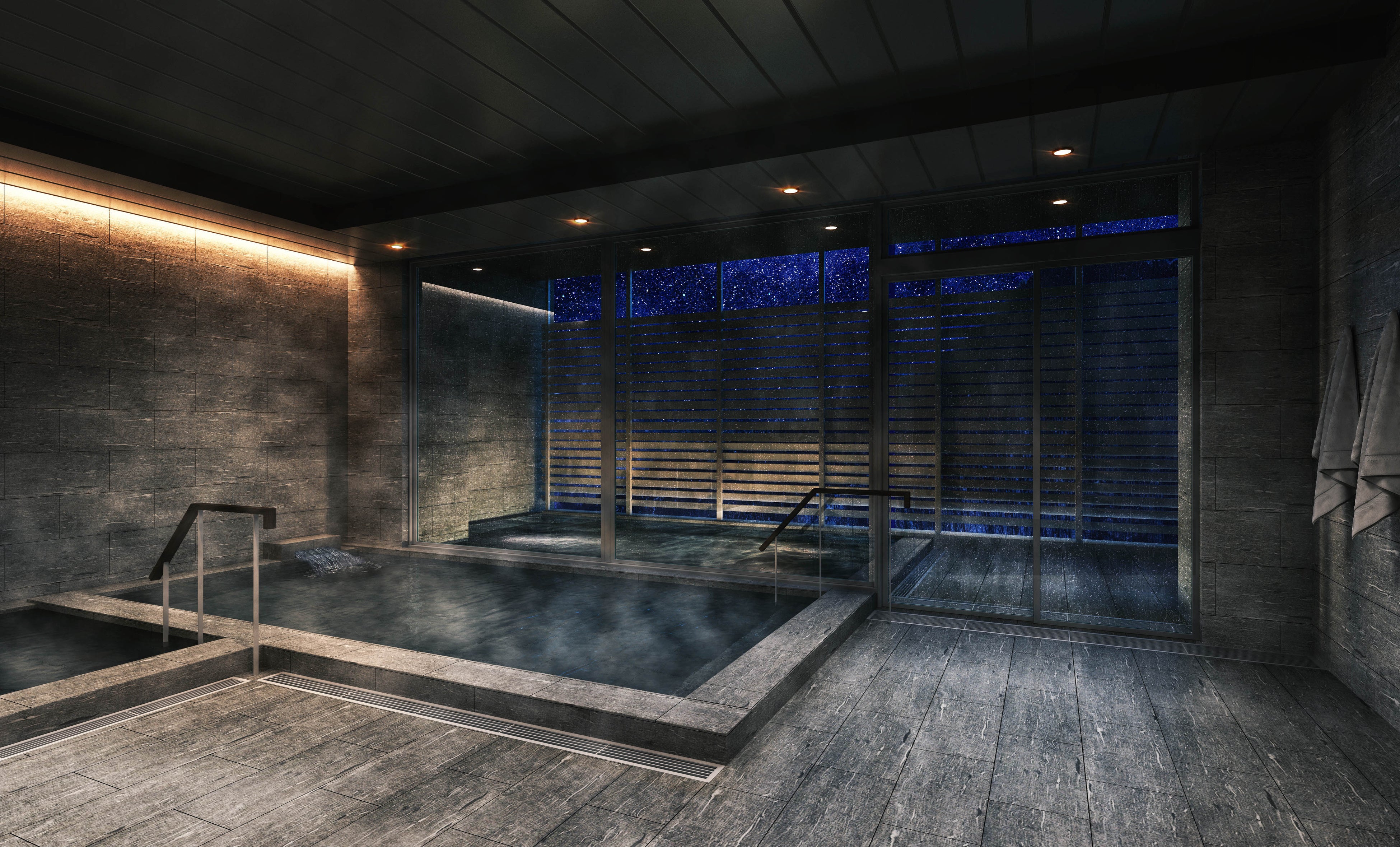 露天風呂付き大浴場にはオートロウリュサウナを完備 川のせせらぎを聞きながら外気浴を堪能