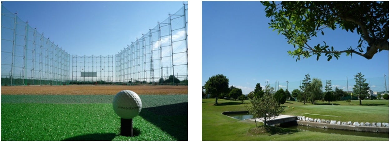200ヤードの広いレンジが特長の打席（左）、併設されたショートコース（右）